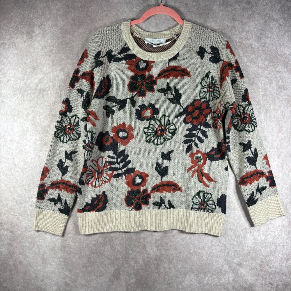 Madison Grey Sweater Womens M Beige Floral Knit Pullover Crewneck Boho Cottage